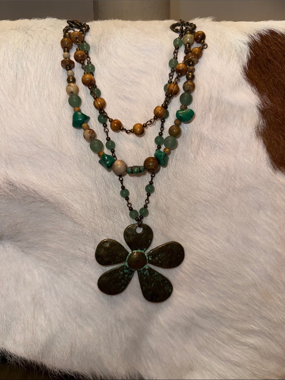 Boho Green Flower Pendant Layered Bead Necklace